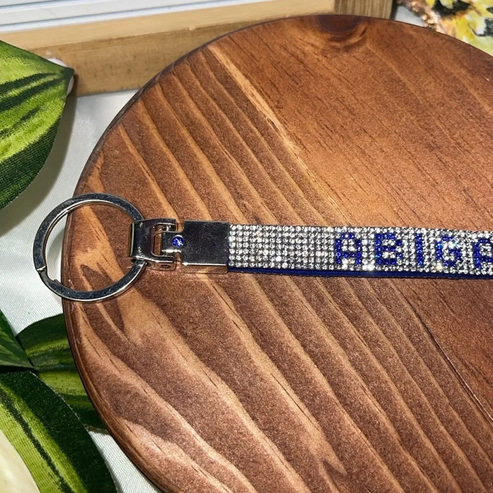 Personalized Rhinestone 5.5 inch Wristlet Key Chain Key Fob “ABIGAIL” BLUE